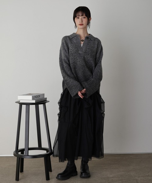 shetila(シェティラ)の「ラメグラデ ポロ襟スキッパーニット(ニット/セーター・レディース・チャコール/ベージュ/ライトグレー・M)」の14枚目の写真