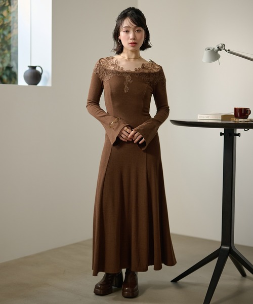 crochet lace lib long dress /クロシェレースリブロングドレス