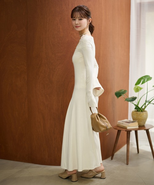 crochet lace lib long dress /クロシェレースリブロングドレス