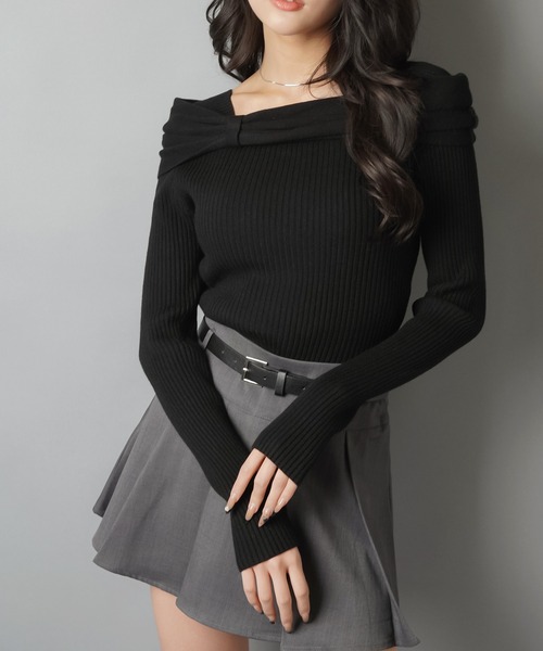 SPINNS（スピンズ）の「ワンホン系デコルテ美人☆上品オフショルリボンニット（ニット/セーター・レディース・ブラック/グレー/ホワイト・ONESIZE）」の9枚目の写真