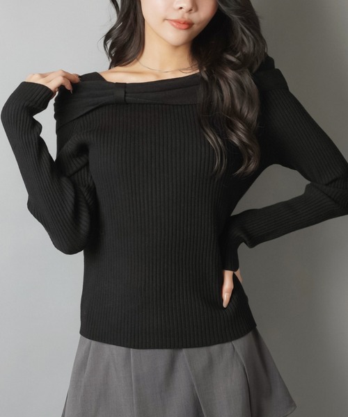 SPINNS（スピンズ）の「ワンホン系デコルテ美人☆上品オフショルリボンニット（ニット/セーター・レディース・ブラック/グレー/ホワイト・ONESIZE）」の10枚目の写真