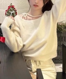 紐リボンルーズシルエットニット
