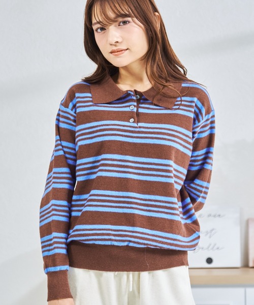 MISCH MASCH(ミッシュマッシュ)の「ZOZO限定 マルチボーダー配色ポロニット(ニット/セーター・レディース・グレー/ブラウン・フリ-)」の1枚目の写真