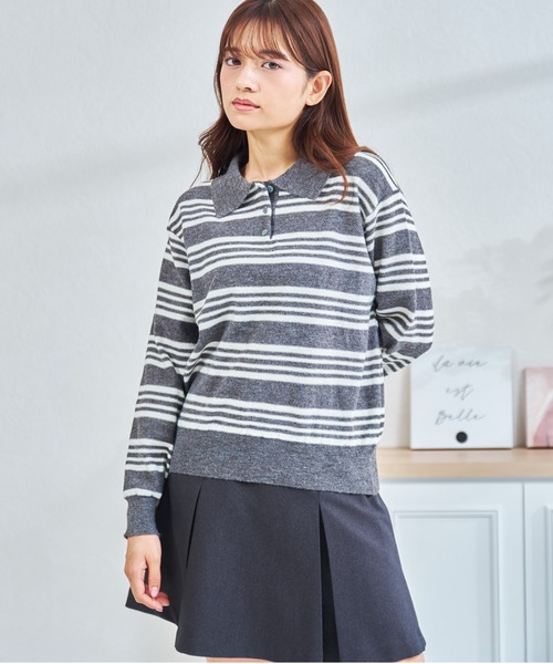 MISCH MASCH(ミッシュマッシュ)の「ZOZO限定 マルチボーダー配色ポロニット(ニット/セーター・レディース・グレー/ブラウン・フリ-)」の2枚目の写真