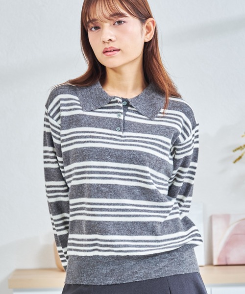 MISCH MASCH(ミッシュマッシュ)の「ZOZO限定 マルチボーダー配色ポロニット(ニット/セーター・レディース・グレー/ブラウン・フリ-)」の4枚目の写真
