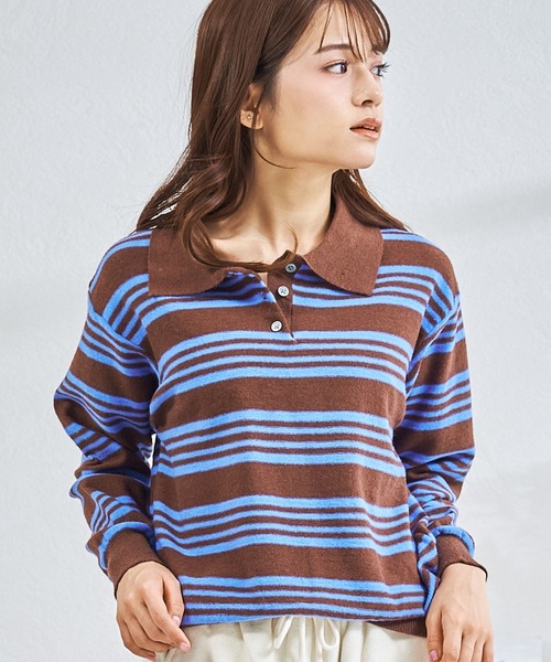 MISCH MASCH(ミッシュマッシュ)の「ZOZO限定 マルチボーダー配色ポロニット(ニット/セーター・レディース・グレー/ブラウン・フリ-)」の9枚目の写真