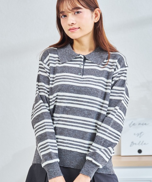 MISCH MASCH(ミッシュマッシュ)の「ZOZO限定 マルチボーダー配色ポロニット(ニット/セーター・レディース・グレー/ブラウン・フリ-)」の3枚目の写真