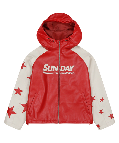 SUNDAY FRUIT MARKET(サンデーフルーツマーケット)の「STAR FAUX LEATHER JACKET RED(ライダースジャケット・メンズ・その他・MEDIUM/LARGE)」の1枚目の写真