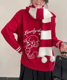 立体パピー刺繍ニット×ポンポンマフラーセット