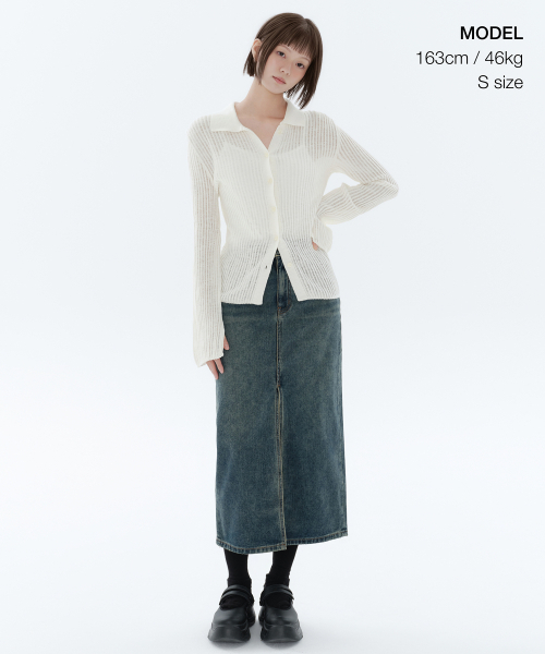 MUSINSA STANDARD WOMAN（ムシンサスタンダードウーマン）の「ウィメンズバーティカルクロシェスリムカラーガーディガン[アイボリー]（カーディガン/ボレロ・レディース・その他・LARGE/MEDIUM/SMALL/X-SMALL）」の2枚目の写真