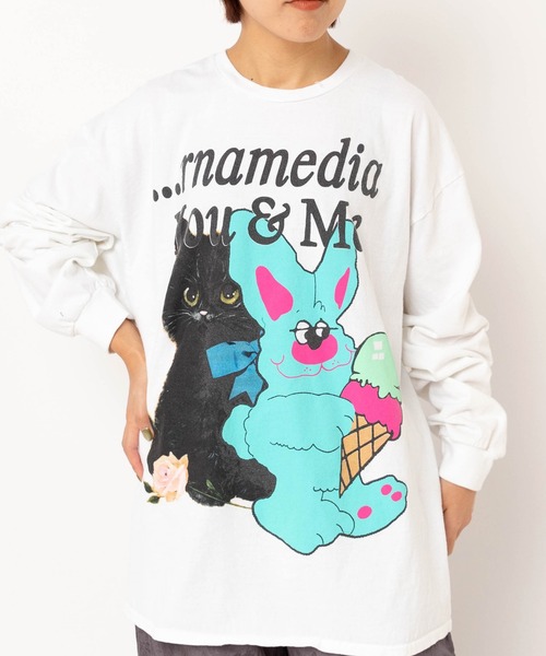 RNA(アールエヌエー)の「M2618 キャット&ラビットロンT(Tシャツ/カットソー・レディース・ライトブルー/ホワイト/オレンジ・MEDIUM)」の2枚目の写真