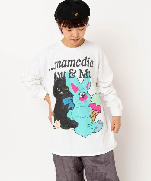 RNA(アールエヌエー)の「M2618 キャット&ラビットロンT(Tシャツ/カットソー・レディース・ライトブルー/ホワイト/オレンジ・MEDIUM)」の4枚目の写真