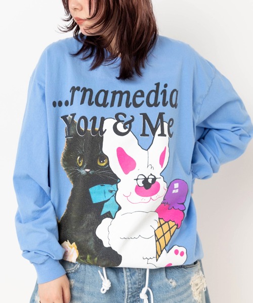 RNA(アールエヌエー)の「M2618 キャット&ラビットロンT(Tシャツ/カットソー・レディース・ライトブルー/ホワイト/オレンジ・MEDIUM)」の6枚目の写真