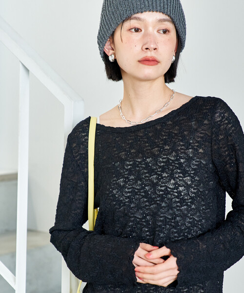 ストレッチレース長袖トップス 黒　ノーソーイングニット　黒 セール】ストレッチ レース トップス（Tシャツ/カットソー）｜FREAK'S