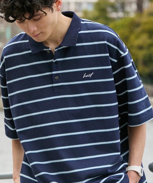 HECT（ヘクト）の「【HECT】Big Border Logo S/S Polo Shirt / ロゴ刺繍 配色ボーダー オーバーサイズ半袖ポロシャツ＜吸水速乾＞（ポロシャツ・メンズ・ブラック/ホワイト/ネイビー/チャコール/モカ/ベージュ・M/L/XL）」の6枚目の写真