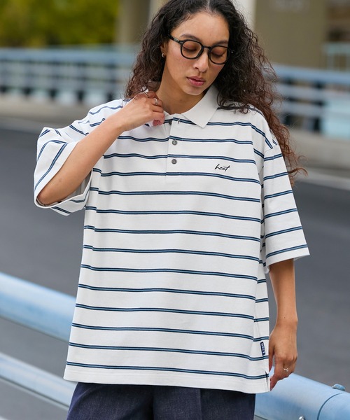 HECT（ヘクト）の「【HECT】Big Border Logo S/S Polo Shirt / ロゴ刺繍 配色ボーダー オーバーサイズ半袖ポロシャツ＜吸水速乾＞（ポロシャツ・メンズ・ブラック/ホワイト/ネイビー/チャコール/モカ/ベージュ・M/L/XL）」の8枚目の写真