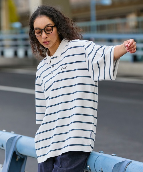 HECT（ヘクト）の「【HECT】Big Border Logo S/S Polo Shirt / ロゴ刺繍 配色ボーダー オーバーサイズ半袖ポロシャツ＜吸水速乾＞（ポロシャツ・メンズ・ブラック/ホワイト/ネイビー/チャコール/モカ/ベージュ・M/L/XL）」の9枚目の写真