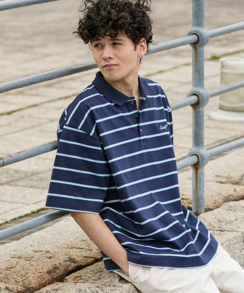 HECT（ヘクト）の「【HECT】Big Border Logo S/S Polo Shirt / ロゴ刺繍 配色ボーダー オーバーサイズ半袖ポロシャツ＜吸水速乾＞（ポロシャツ・メンズ・ブラック/ホワイト/ネイビー/チャコール/モカ/ベージュ・M/L/XL）」の11枚目の写真