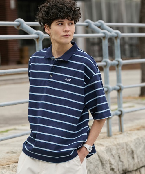 HECT（ヘクト）の「【HECT】Big Border Logo S/S Polo Shirt / ロゴ刺繍 配色ボーダー オーバーサイズ半袖ポロシャツ＜吸水速乾＞（ポロシャツ・メンズ・ブラック/ホワイト/ネイビー/チャコール/モカ/ベージュ・M/L/XL）」の12枚目の写真