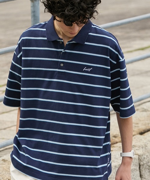 HECT（ヘクト）の「【HECT】Big Border Logo S/S Polo Shirt / ロゴ刺繍 配色ボーダー オーバーサイズ半袖ポロシャツ＜吸水速乾＞（ポロシャツ・メンズ・ブラック/ホワイト/ネイビー/チャコール/モカ/ベージュ・M/L/XL）」の15枚目の写真