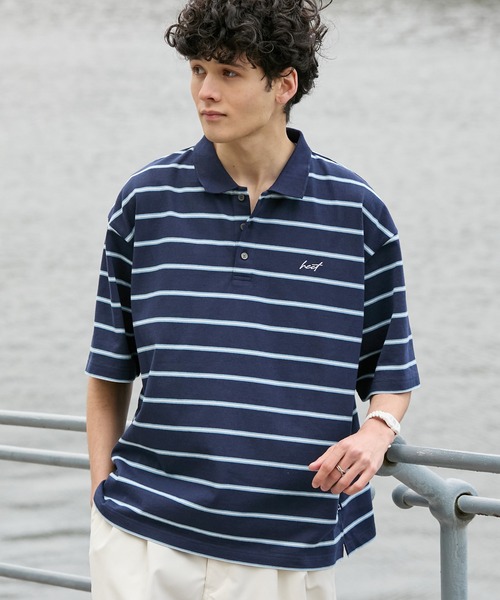 HECT（ヘクト）の「【HECT】Big Border Logo S/S Polo Shirt / ロゴ刺繍 配色ボーダー オーバーサイズ半袖ポロシャツ＜吸水速乾＞（ポロシャツ・メンズ・ブラック/ホワイト/ネイビー/チャコール/モカ/ベージュ・M/L/XL）」の16枚目の写真