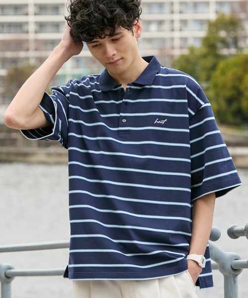 HECT（ヘクト）の「【HECT】Big Border Logo S/S Polo Shirt / ロゴ刺繍 配色ボーダー オーバーサイズ半袖ポロシャツ＜吸水速乾＞（ポロシャツ・メンズ・ブラック/ホワイト/ネイビー/チャコール/モカ/ベージュ・M/L/XL）」の21枚目の写真