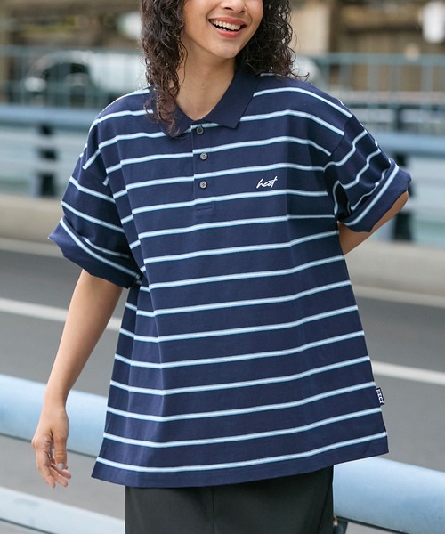 HECT（ヘクト）の「【HECT】Big Border Logo S/S Polo Shirt / ロゴ刺繍 配色ボーダー オーバーサイズ半袖ポロシャツ＜吸水速乾＞（ポロシャツ・メンズ・ブラック/ホワイト/ネイビー/チャコール/モカ/ベージュ・M/L/XL）」の22枚目の写真