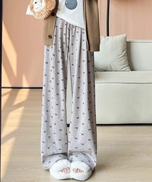 ハイウエストリボン柄ワイドパンツ