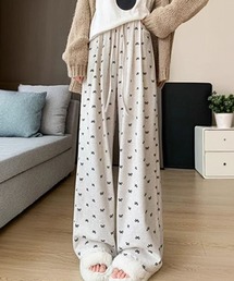 ハイウエストリボン柄ワイドパンツ