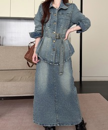 【セットアップ】デニムベルト付きジャケット&ロングスカート 上下２点セット