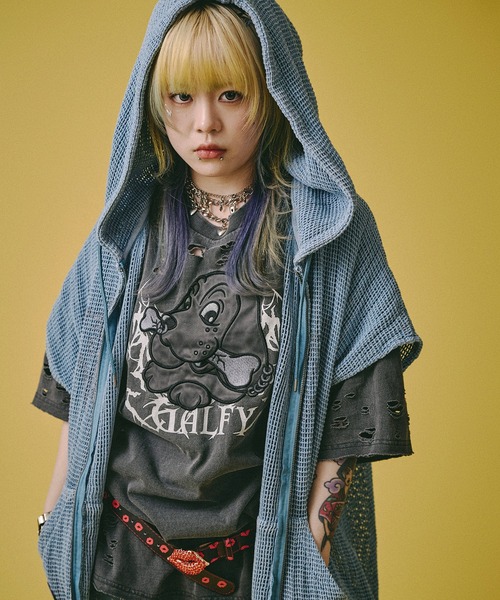 GALFY(ガルフィー)の「【GALFY/ガルフィー】病みに透けし ポンチョ(パーカー・メンズ・ブルーグレー/スミクロ/アッシュグレー・XL/L)」の3枚目の写真