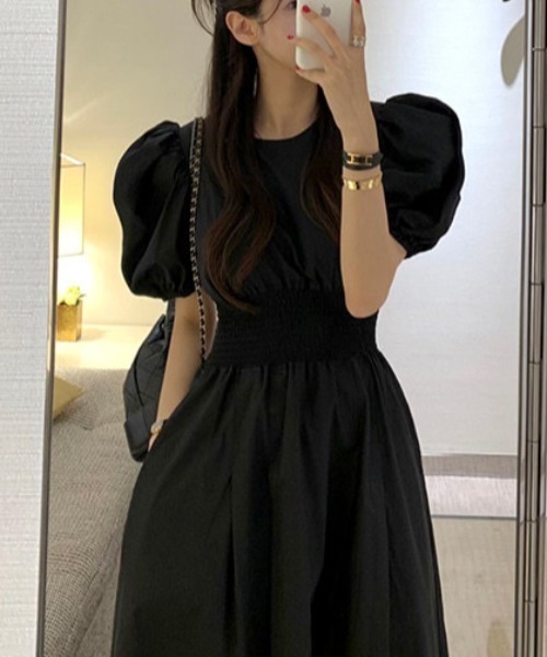 FREE STYLISTS(フリー スタイリスト)の「YUGA_YGMC Korean-style Puff-sleeve high-waisted long dress(ワンピース・レディース・ブラック/ホワイト・FREE)」の9枚目の写真
