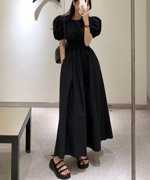 FREE STYLISTS(フリー スタイリスト)の「YUGA_YGMC Korean-style Puff-sleeve high-waisted long dress(ワンピース・レディース・ブラック/ホワイト・FREE)」の12枚目の写真