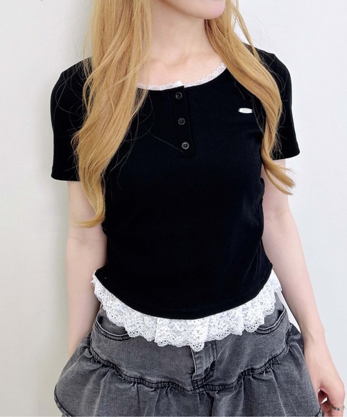 INGNI（イング）の「【WEB限定】ヘンリーネックレース付プレートロゴ半袖リブトップス（Tシャツ/カットソー・レディース・ブラック/グレー・M）」の11枚目の写真
