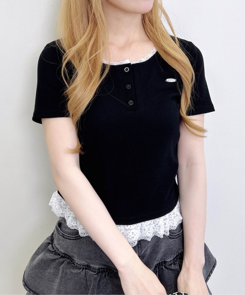 INGNI（イング）の「【WEB限定】ヘンリーネックレース付プレートロゴ半袖リブトップス（Tシャツ/カットソー・レディース・ブラック/グレー・M）」の10枚目の写真