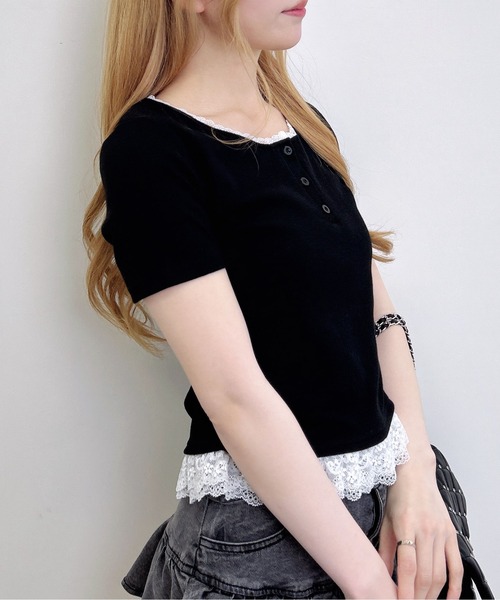 INGNI（イング）の「【WEB限定】ヘンリーネックレース付プレートロゴ半袖リブトップス（Tシャツ/カットソー・レディース・ブラック/グレー・M）」の8枚目の写真