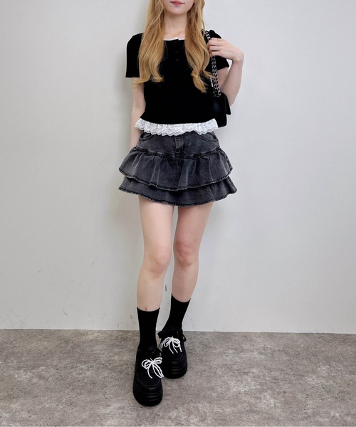 INGNI（イング）の「【WEB限定】ヘンリーネックレース付プレートロゴ半袖リブトップス（Tシャツ/カットソー・レディース・ブラック/グレー・M）」の5枚目の写真