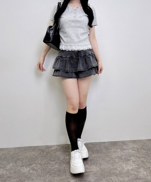 INGNI（イング）の「【WEB限定】ヘンリーネックレース付プレートロゴ半袖リブトップス（Tシャツ/カットソー・レディース・ブラック/グレー・M）」の18枚目の写真