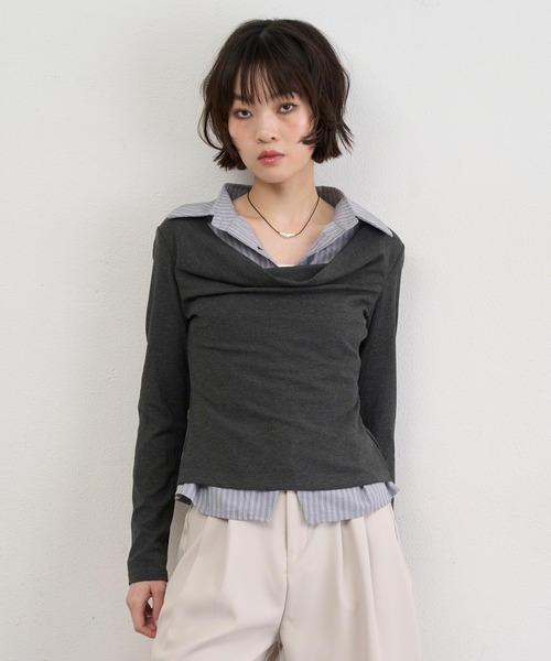 NUJOH(ヌゾ)の「Layered Collar Draped Top / レイヤードカラードレープトップ(シャツ/ブラウス・レディース・グレー/チャコールグレー・FREE)」の1枚目の写真