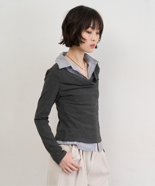 NUJOH(ヌゾ)の「Layered Collar Draped Top / レイヤードカラードレープトップ(シャツ/ブラウス・レディース・グレー/チャコールグレー・FREE)」の3枚目の写真