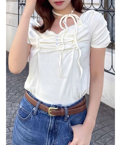 dazzlin(ダズリン)の「タイ付ギャザーカットトップス(Tシャツ/カットソー・レディース・イエロー/ブラウン/オフホワイト/ブルー・FREE)」の4枚目の写真