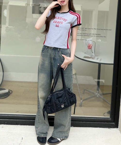 Ada.(エイダ)の「レトロ スポーティー フロントロゴ 配色 サイドライン リンガー カットソー(Tシャツ/カットソー・レディース・ブラウン/ネイビー/イエロー/グレー・FREE)」の5枚目の写真