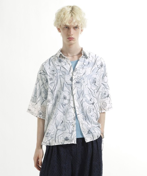HARE（ハレ）の「フラワーシアージャガードシャツ(HARE)（シャツ/ブラウス・メンズ・ブラック/ホワイト/ベージュ・SMALL/MEDIUM）」の2枚目の写真