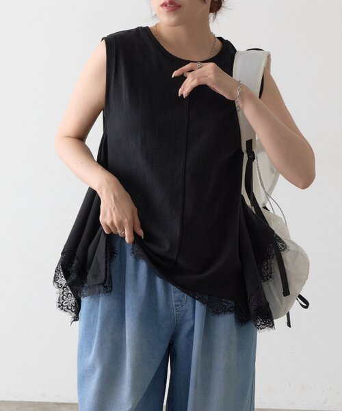 COLONY 2139(コロニートゥーワンスリーナイン)の「裾レースイレギュラーヘムノースリプルオーバー(Tシャツ/カットソー・レディース・ブラック/ホワイト・FREE)」の17枚目の写真
