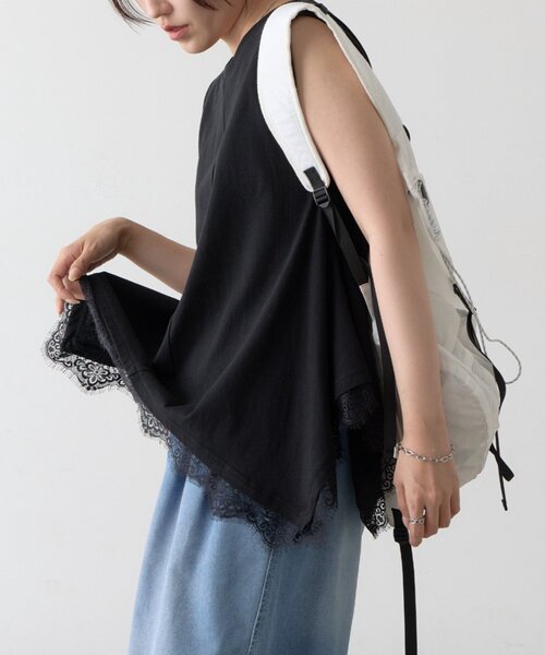 COLONY 2139(コロニートゥーワンスリーナイン)の「裾レースイレギュラーヘムノースリプルオーバー(Tシャツ/カットソー・レディース・ブラック/ホワイト・FREE)」の18枚目の写真
