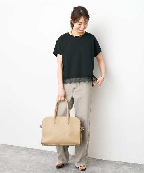 Spick & Span(スピックアンドスパン)の「《追加》ヘムレース付きTシャツ(Tシャツ/カットソー・レディース・ブラック/ホワイト・FREE)」の3枚目の写真