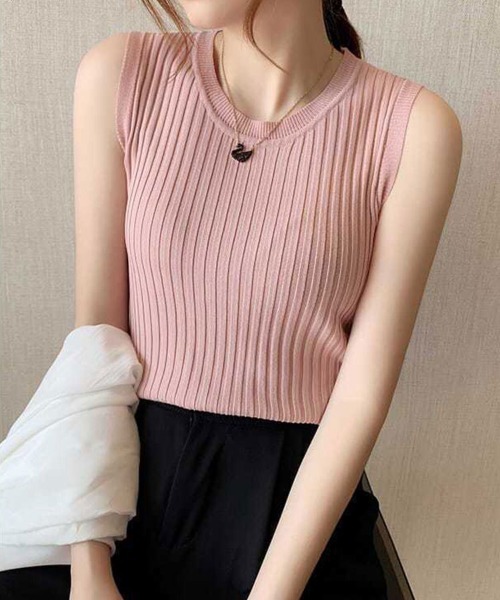 mielu(ミエル)の「ベーシックノースリーブリブニット(ニット/セーター・レディース・ベージュ/ピンク/ホワイト/ブラック・LARGE/MEDIUM)」の4枚目の写真