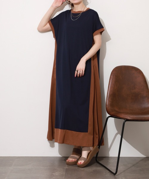 BRODIAEA(ブローディア)の「BRODIAEA ハイブリッドコットンシリーズ配色ワンピース 半袖(ワンピース・レディース・モカ/ブラック/ネイビー・40)」の3枚目の写真