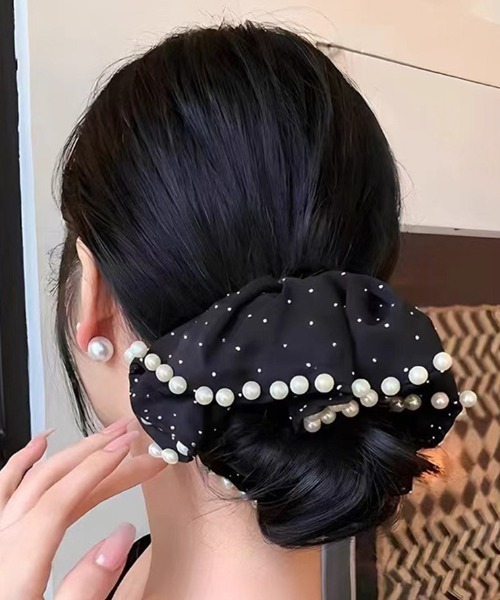 セール】シュシュ ヘアゴム パール付き ヘアアレンジ 韓国 サテン