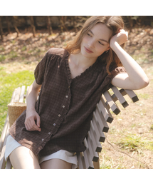 Check frill V-neck blouse [TISU07BL06]_Brown